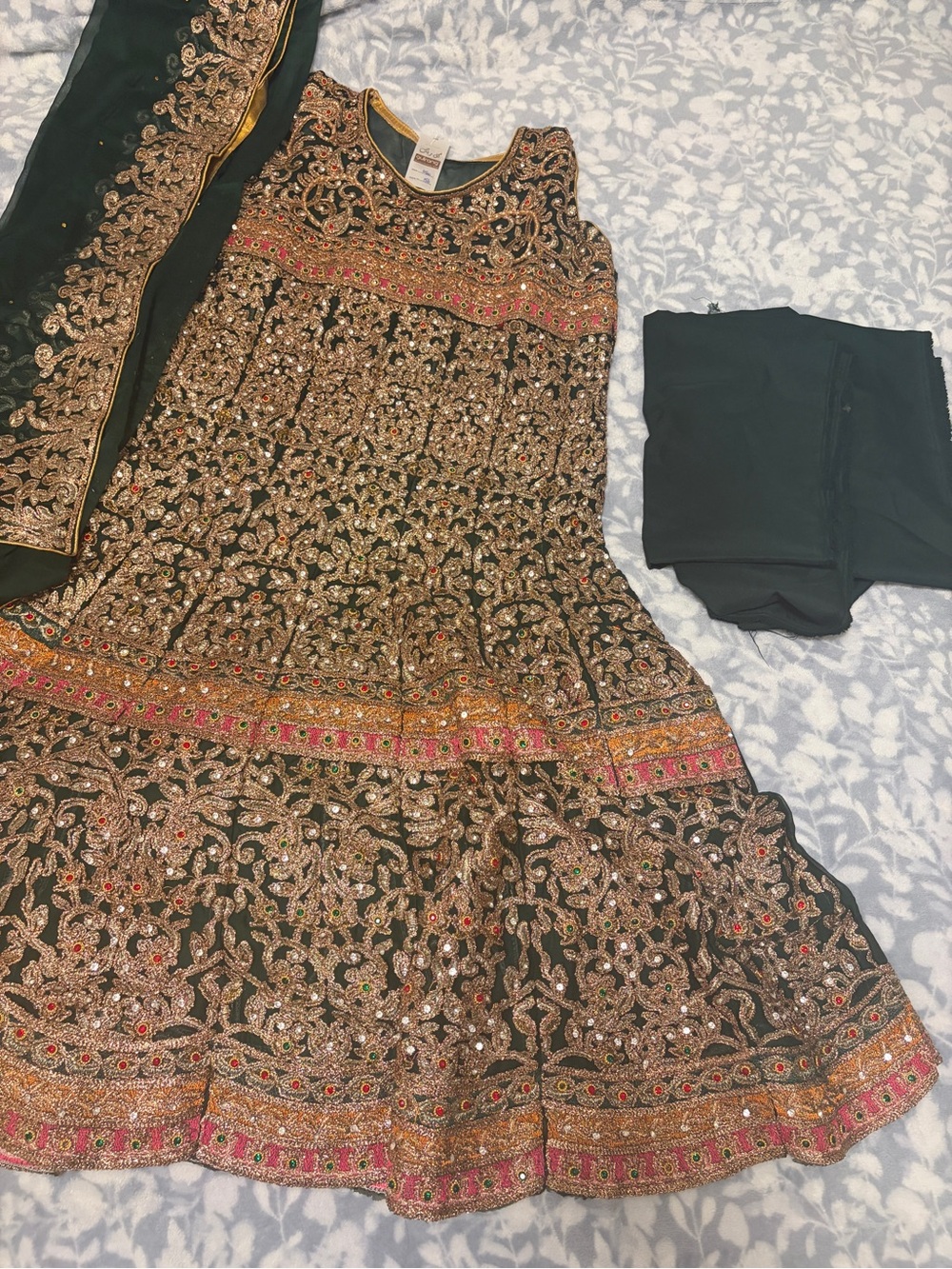 Pakistani Dark Green Dress with Gold & Pink Semi Stitched
